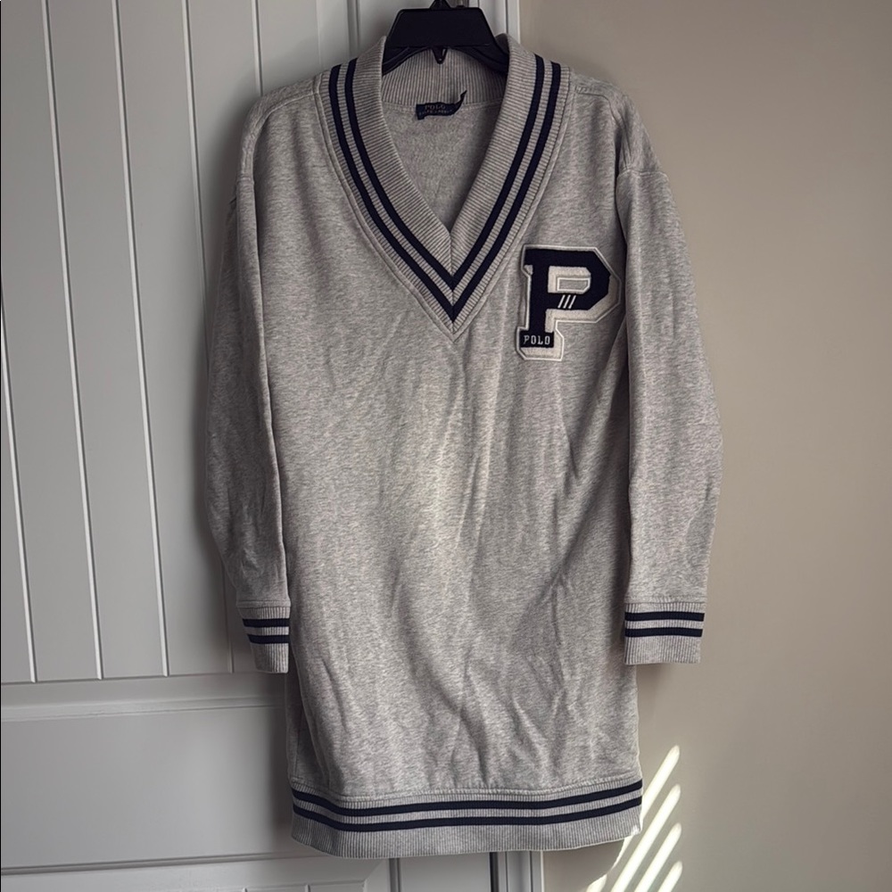 Polo by Ralph Lauren Gray V-Neck Sweater Dress with Collegiate Style